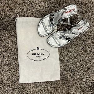 Vintage Prada Leather T Strap Sandals Silver